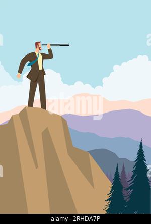 Simple flat business vector illustration of businessman using telescope on top of the mountain Stock Vector