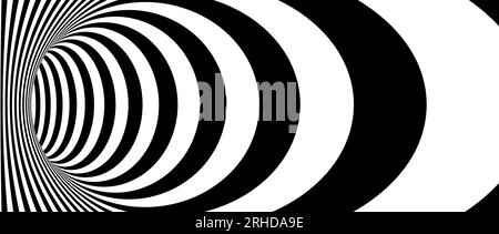 Optical illusion wormhole. Striped geometric infinite tunnel. Black and white abstract hypnotic hole shape. Vector Op art illustration Stock Vector