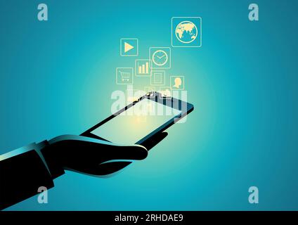 Smart phone in hand, the world in your hand, modern, digital technology concept Stock Vector