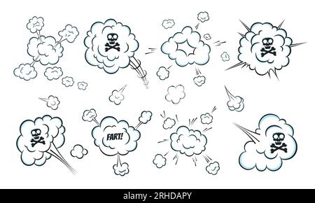 Smelling pop art comic book cartoon fart cloud flat style design vector illustration set with text and skull with crossed bones. Bad stink or toxic ar Stock Vector