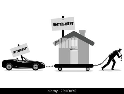 Business concept vector illustration of a businessman dragging a house and a convertible car. Financial problem, burden, pressure, debt, installment c Stock Vector