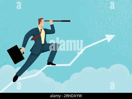 Simple flat vector illustration of a businessman using telescope on graphic chart. Concept for forecast, prediction, success, planning in business Stock Vector