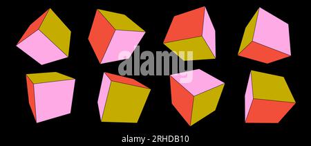 Colorful 3d cube set. Neon color geometric boxes in different perspective, angles and positions. Yellow, red, pink faces cubic shapes collection. Bright containers pack. Vector illustration  Stock Vector