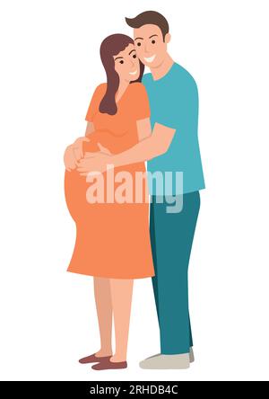 Simple flat cartoon illustration of a husband hugging his pregnant wife Stock Vector