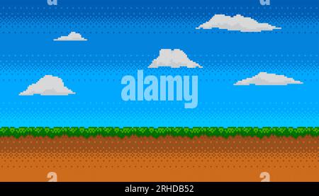 Pixel art background with grass, sky and clouds. Retro 8 bit video game screen. Vector illustration Stock Vector