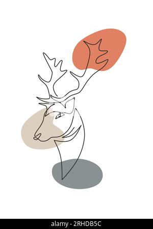One line drawing of deer. hand drawn reindeer animal moose silhouette sketch. Elk minimalism poster line art. Stock Vector