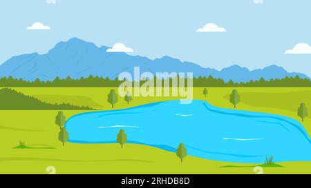 lake flat vector nature landscape background. Stock Vector