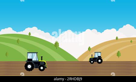 tractor plowing field on rural landscape. Stock Vector