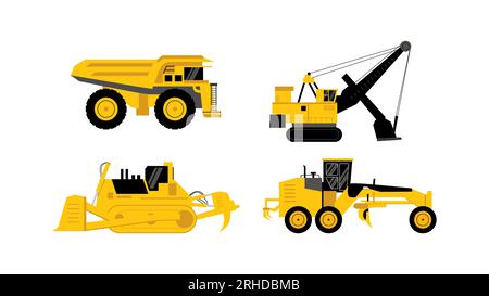 four yellow mining vehicle set flat element isolated on white background. Stock Vector