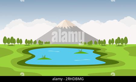lake and mountain flat vector nature landscape background. Stock Vector