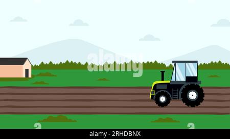 tractor plowing field on rural landscape. Stock Vector