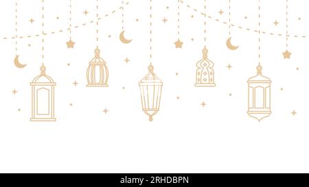 Five hanging ramadan lanterns and islamic ornaments isolated on white background. Stock Vector