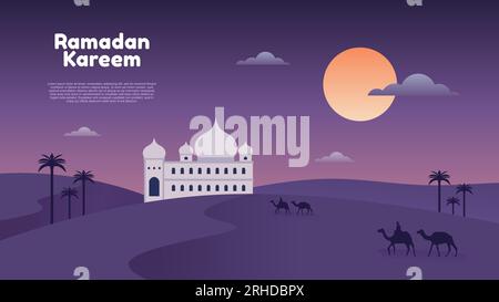 Ramadan kareem background with mosque, moon, desert and people on camel at night, Stock Vector