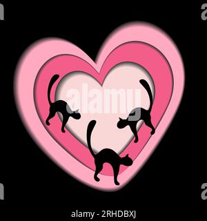 Abstract heart shaped background texture in paper cut style with silhouettes of black cats in terndy pink sades. Vector. EPS. Design for poster, banner, brocures or cards for National Black Cat Day Stock Vector
