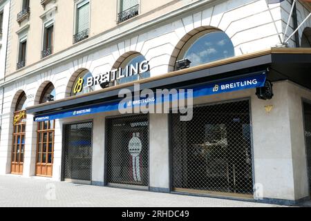 Geneva, switzerland. August 13. 2023. Famous luxury watchmaker Breitling, located opposite Lake Geneva. Stock Photo