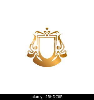 Golden Shield with gradient light effect and ribbon on sides vector illustration. Banner Gold vector Stock Vector