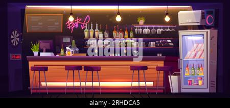 Bar counter interior - cartoon vector illustration of empty restaurant or night club element with cocktails and beer in glasses on wooden table, bottles with alcohol drinks on shelves and high stools. Stock Vector