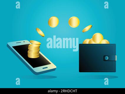 Money transfer from wallet into mobile phone. Payment gateway, online, digital, virtual money concept Stock Vector