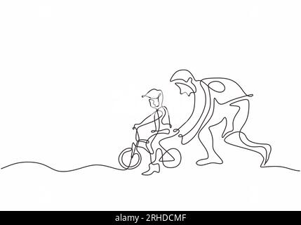 father son one line drawing. fathers day banner with dad and child riding bicycle. Continuous hand drawn vector illustration minimalist. Caring and pa Stock Vector