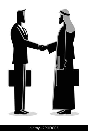 Simple flat vector illustration of an Arabic businessman shake hand with western businessman Stock Vector