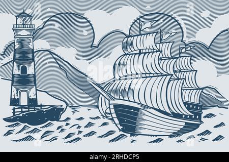 Hand drawing vintage sailboat, lighthouse sea ocean. Stock Vector