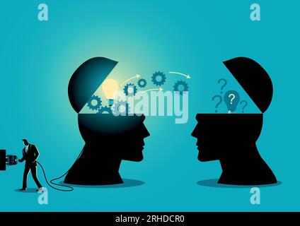 Knowledge or ideas sharing between two people head, transferring knowledge, innovation, brain storming concept Stock Vector