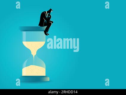 Vector illustraion of a businessman sitting and thinking on hourglass. Wasting time. Too much thinking. Deadline concept Stock Vector