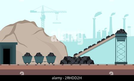 Coal mining industry conveyor and transportation set flat elements isolated building Stock Vector