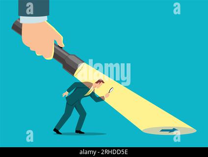 Simple flat business vector illustration of a businessman being guided by a hand holding a flashlight uncovering arrow sign. Stock Vector