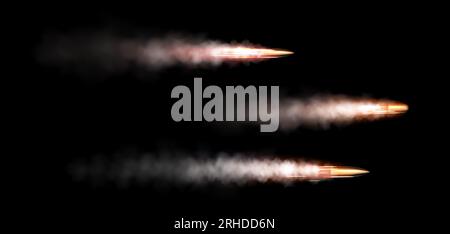 Bullet after shot with fire and smoke trail - realistic vector illustration of metal ammo flying to target. Gun firing moment with speed effect trace on transparent background - military projectile. Stock Vector
