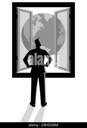Business concept simple flat vector illustration of businessman looking through window with world view Stock Vector