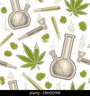 Vector Cannabis Seamless Pattern, repeat background with illustrations of set flat lay medicinal cannabis buds, marijuana leaf, weed paper roll, glass Stock Vector