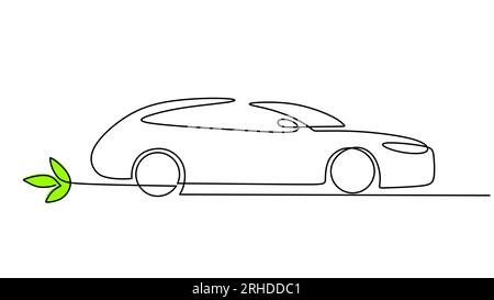 One line drawing of electric car isolated on white background. Continuous single line minimalism. Stock Vector