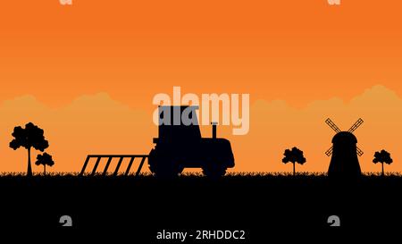 tractor plowing field on rural village landscape. Stock Vector