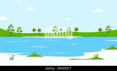 lake flat vector nature landscape background. Stock Vector