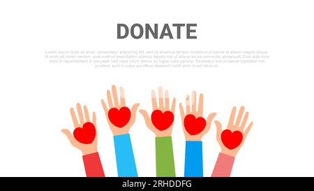 People holding hearts. Charity share, donate with flat style design. Stock Vector