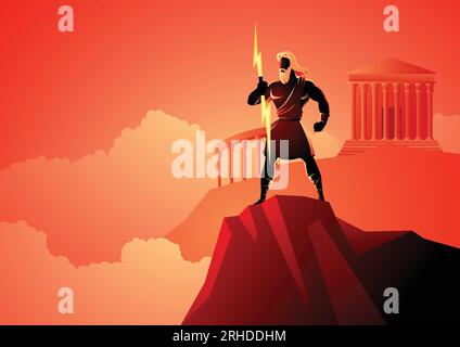 Greek god and goddess vector illustration series, Zeus, the Father of Gods and men standing on mountain Olympus Stock Vector