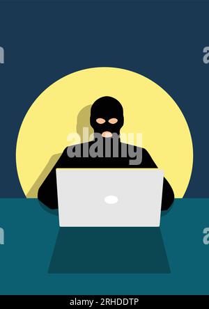 Simple flat vector illustration of a hacker behind laptop computer Stock Vector