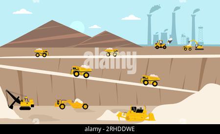 quarry landscape flat elements with mining vehicles. Pit sand and excavator with heavy machinery. Stock Vector