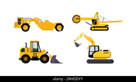 four mining vehicle set flat element isolated on white background. Stock Vector