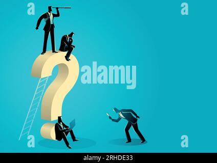 Vector illustration men doing activity around a big question mark. Stock Vector