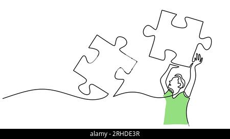One single line of man lifting puzzle isolated on white background. Stock Vector