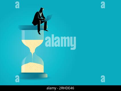 Vector illustration of a businessman sitting with laptop on hourglass. Time management. Deadline concept Stock Vector