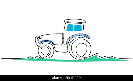 One line drawing of big tractor on field isolated on white background. Continuous single line minimalism. Stock Vector