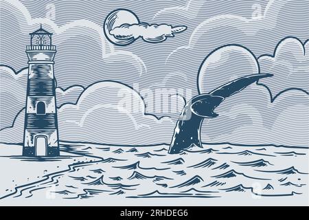Hand drawing of wheel tail in ocean isolated on white background. Stock Vector