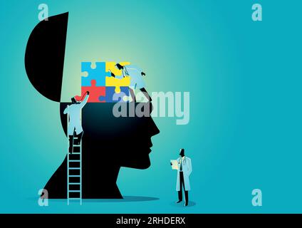 Doctors analysing a human head with colorful puzzle symbol which represent autism syndrome Stock Vector