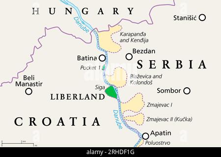 Liberland, political map. Free Republic of Liberland, unrecognized micronation in Europe, claiming Siga, a disputed land between Croatia and Serbia. Stock Photo