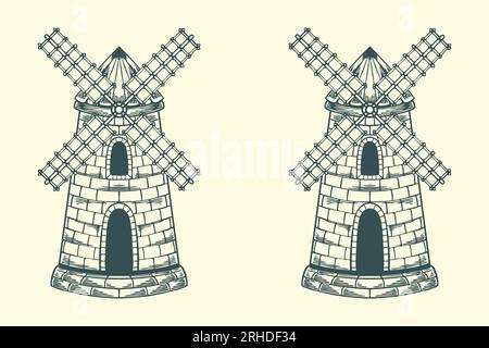 Hand drawing vintage old windmill with in scandinavian style. Stock Vector