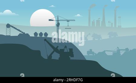 Mining view factory landscape silhouette flat elements background in colorful color. Stock Vector