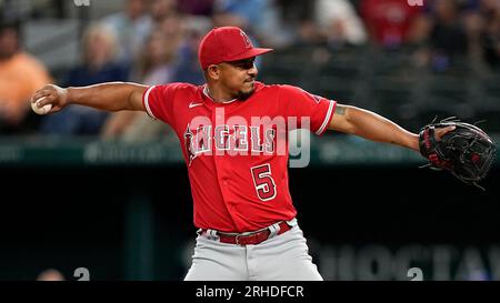 Los Angeles Angels position player Eduardo Escobar throws to the Texas  Rangers as he makes a pitching appearence in the eighth inning of a  baseball game, Monday, Aug. 14, 2023, in Arlington